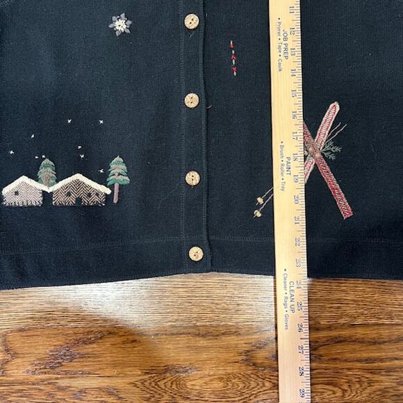 VTG 90s Woolrich Winter Scene Vest Womens L Black Cottage Primitive Barn Snow - Picture 6 of 8